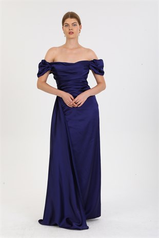 Lacivert Uzun Drapeli Yırtmaçlı Abiye Elbise