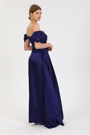 Lacivert Uzun Drapeli Yırtmaçlı Abiye Elbise