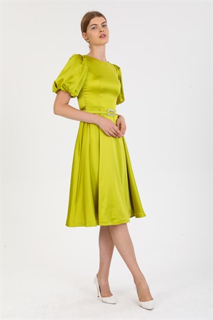 Midi Boy Kemerli Elma Yeşili Saten Abiye Elbise
