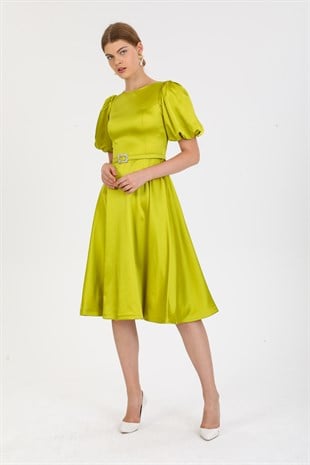 Midi Boy Kemerli Elma Yeşili Saten Abiye Elbise