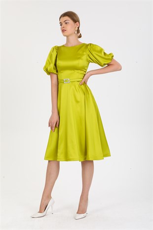 Midi Boy Kemerli Elma Yeşili Saten Abiye Elbise