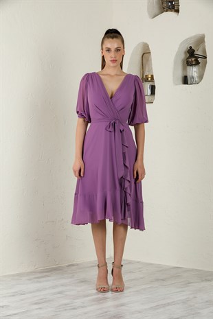 Midi Boy Lila Şifon Abiye Elbise