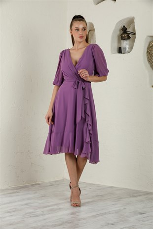 Midi Boy Lila Şifon Abiye Elbise