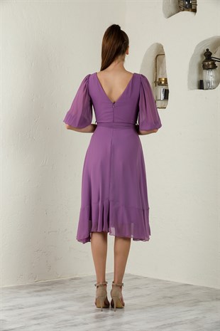 Midi Boy Lila Şifon Abiye Elbise