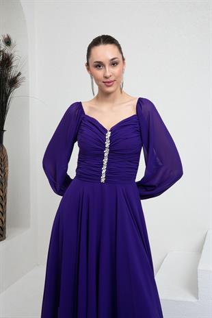 Mor Drapeli Şifon Abiye Elbise