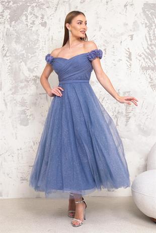 Omuzları Çiçekli Mavi Tül Abiye
