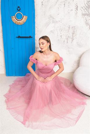 Omuzları Çiçekli Pudra Tül Abiye