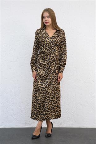 Önü Düğmeli Leopar Desen Elbise