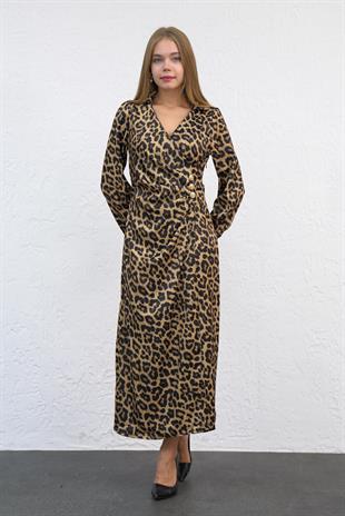 Önü Düğmeli Leopar Desen Elbise