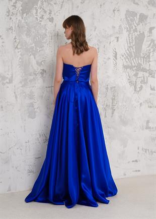 Önü Fiyonk Straplez Saks Abiye Elbise