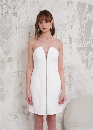 Önü Şeritli Beyaz Mini Abiye Elbise