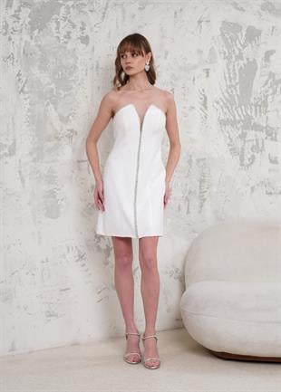 Önü Şeritli Beyaz Mini Abiye Elbise