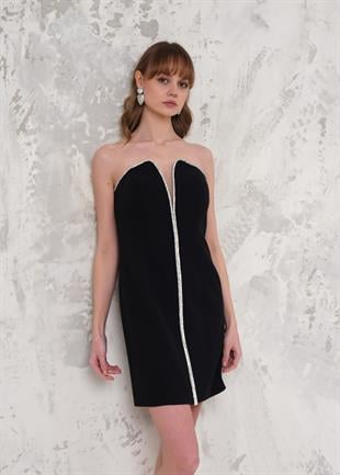 Önü Şeritli Siyah Mini Abiye Elbise