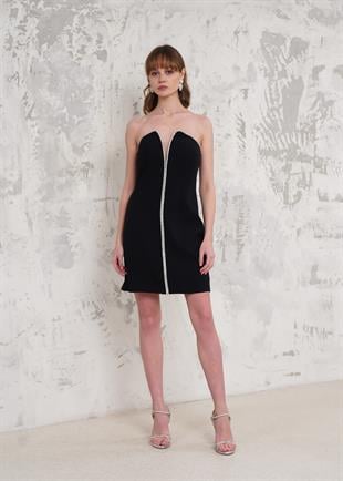 Önü Şeritli Siyah Mini Abiye Elbise