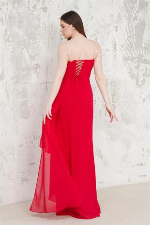 Önü Yırtmaçlı Straplez Kırmızı Abiye Elbise