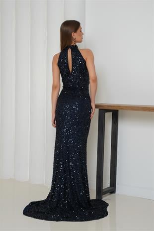 	Pul İşlemeli Halter Yaka Balık Abiye Lacivert Elbise