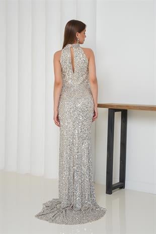 Pul İşlemeli Halter Yaka Balık Abiye Gümüş Elbise