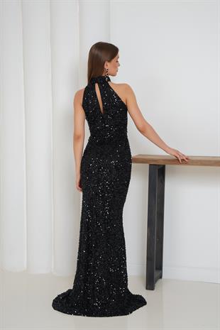 Pul İşlemeli Halter Yaka Balık Abiye Siyah Elbise