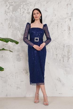 Pullu Lacivert Kalem Abiye Elbise