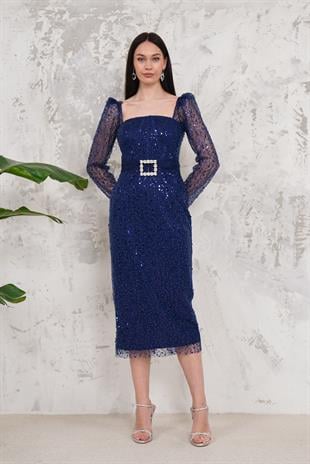 Pullu Lacivert Kalem Abiye Elbise