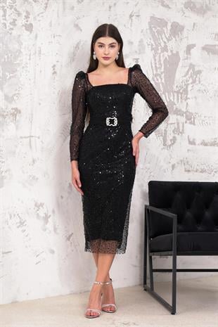 Pullu Siyah Kalem Abiye Elbise