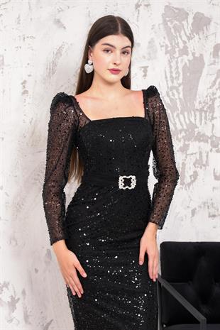 Pullu Siyah Kalem Abiye Elbise