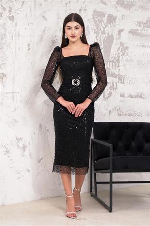 Pullu Siyah Kalem Abiye Elbise