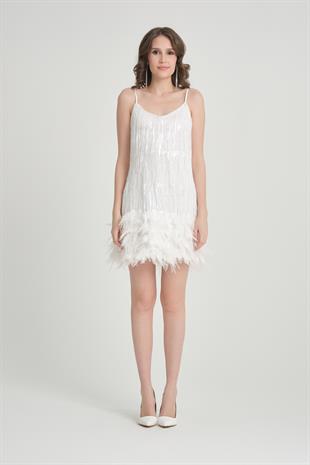 Püsküllü Beyaz Mini Abiye Elbise