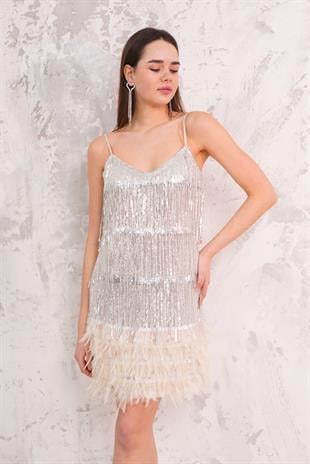 Püsküllü Gri Mini Abiye Elbise