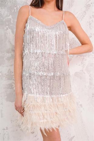 Püsküllü Gri Mini Abiye Elbise