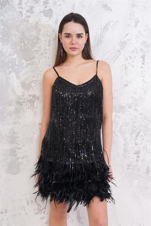 Püsküllü Siyah Mini Abiye Elbise