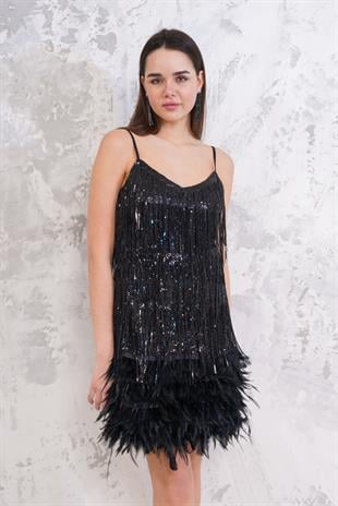 Püsküllü Siyah Mini Abiye Elbise