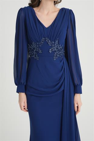 Saks Boncuk İşlemeli Abiye Elbise