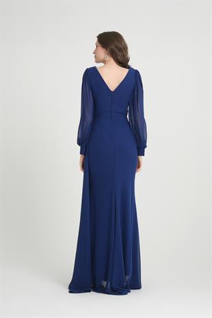 Saks Boncuk İşlemeli Abiye Elbise