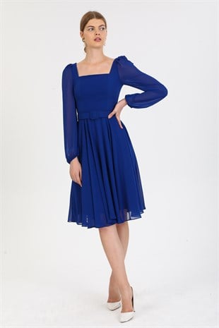 Saks Kare Yaka Şifon Abiye Elbise