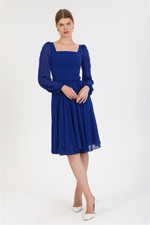 Saks Kare Yaka Şifon Abiye Elbise