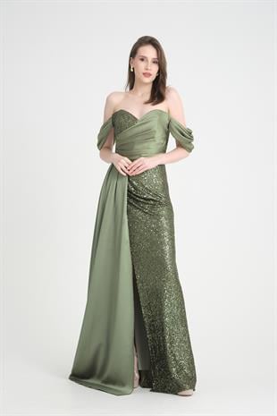 Saten Payet Detaylı Haki Uzun Abiye Elbise