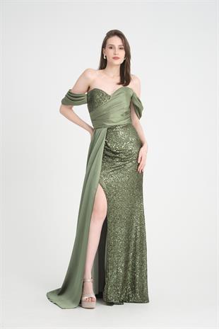 Saten Payet Detaylı Haki Uzun Abiye Elbise