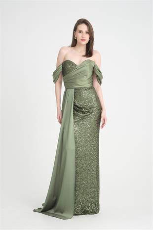 Saten Payet Detaylı Haki Uzun Abiye Elbise