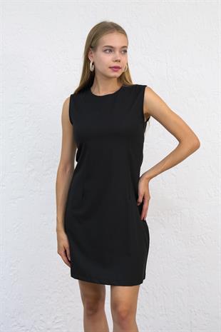 Siyah Bisiklet Yaka Sıfır Kol Elbise