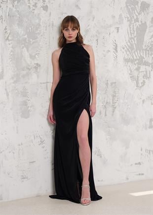 Siyah Kolsuz Simli Abiye Elbise