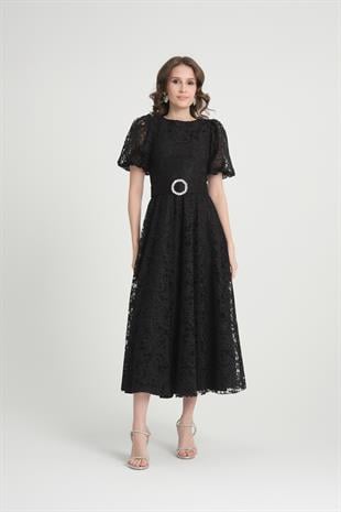 Siyah Midi Boy Dantelli Abiye Elbise