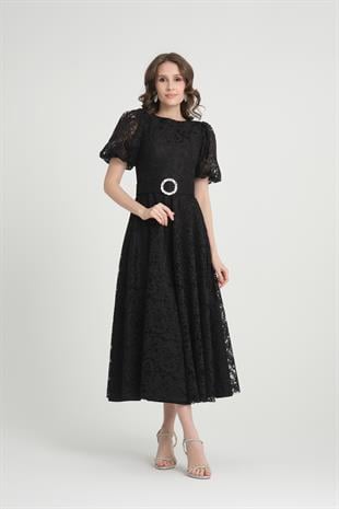Siyah Midi Boy Dantelli Abiye Elbise