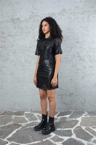 Siyah Önü Düğmeli Mini Deri Elbise