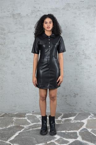 Siyah Önü Düğmeli Mini Deri Elbise