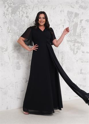 Siyah V Yaka Önü İşlemeli Büyük Beden Abiye Elbise