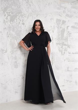 Siyah V Yaka Önü İşlemeli Büyük Beden Abiye Elbise