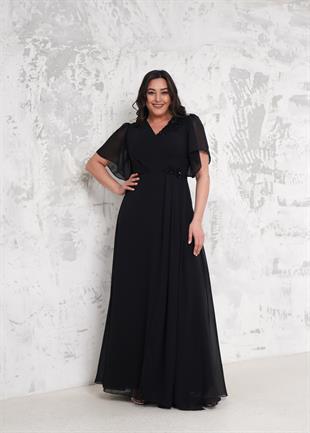 Siyah V Yaka Önü İşlemeli Büyük Beden Abiye Elbise