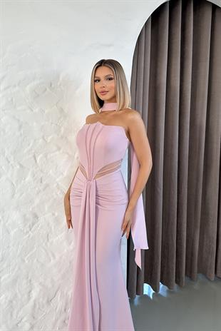 Straplez Önü Boncuk İşlemeli Uzun Pudra Abiye