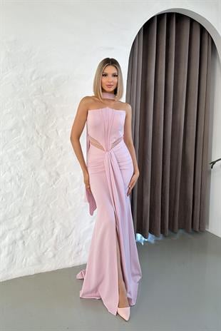 Straplez Önü Boncuk İşlemeli Uzun Pudra Abiye